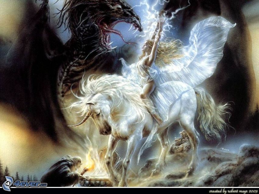 dragon vs licorne, une femme à cheval, lutte