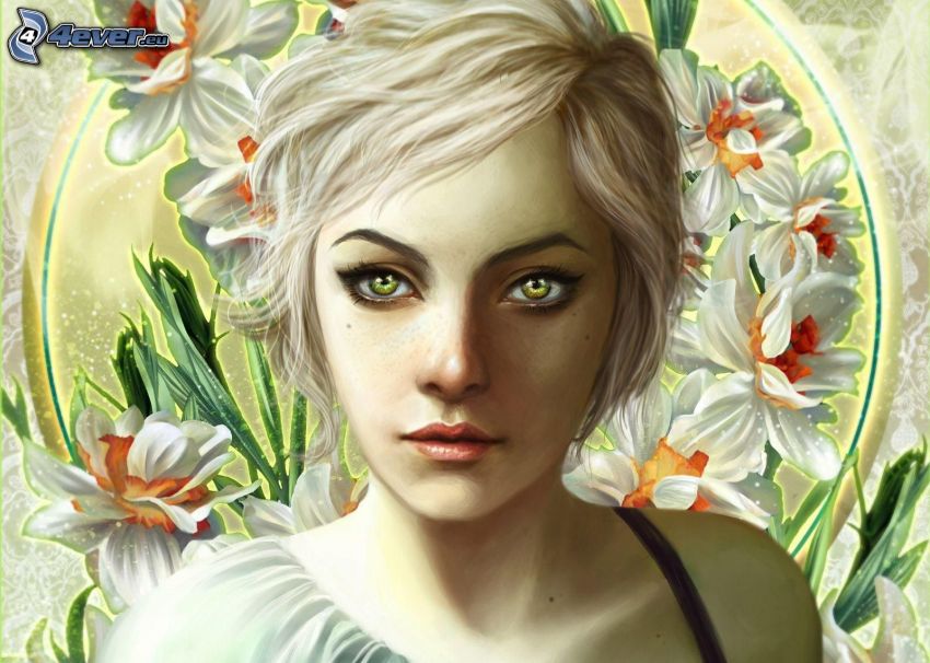 femme dessiné, fleurs blanches