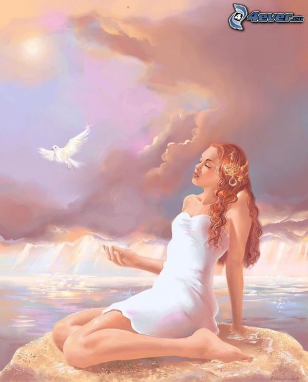 femme sur une falaise, colombe, repos, mer, ciel, soleil faible