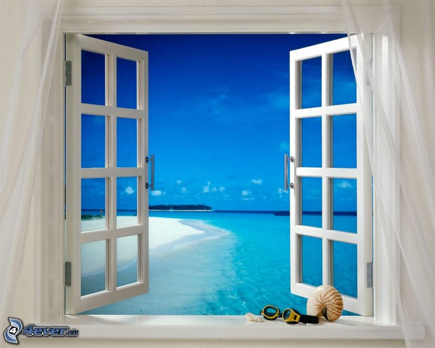 fenêtre, mer, lunettes natatoires
