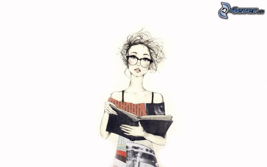 fille avec des lunettes, fille avec un livre