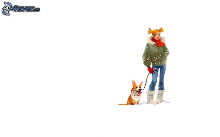 fille avec un chien, chute de neige