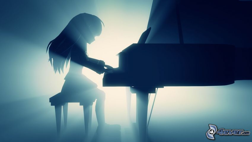 fille dessinée, silhouette d´une fille, jouer du piano