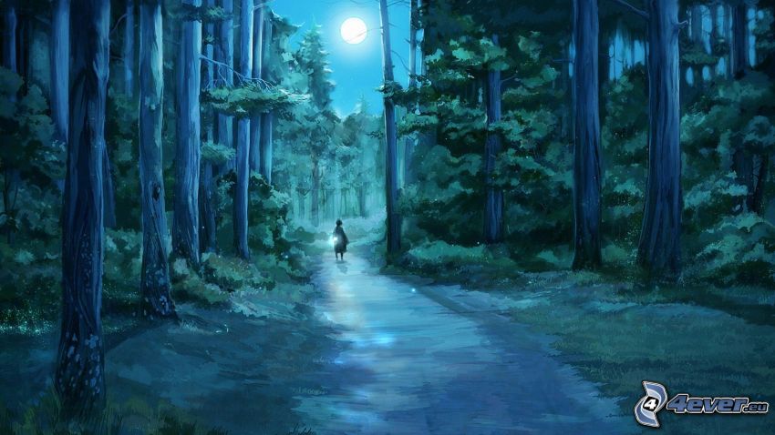 forêt pendant la nuit, sentier à travers la forêt, lune, fille, bébé, dessin