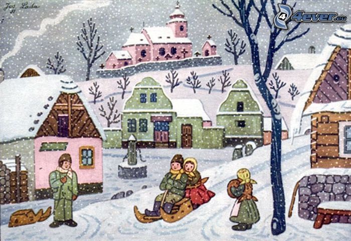 hiver de Joseph Lada, des enfants faisants de la luge, village dessiné