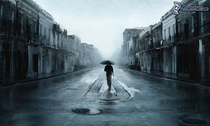 Homme avec le parapluie, la ruelle, pluie
