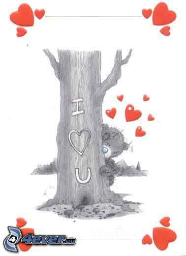 I <3 U, ourson, cœurs, arbre