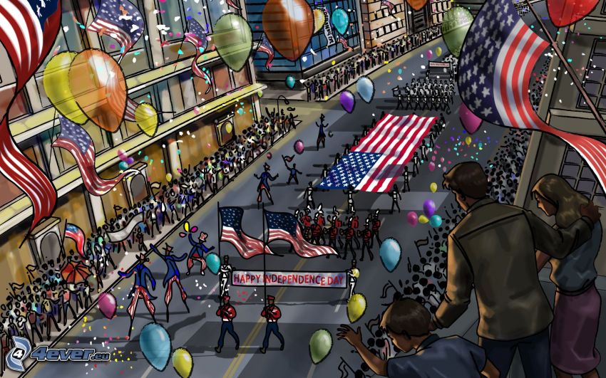jour de l'Indépendance, rue, célébration, ballons, Drapeau américain
