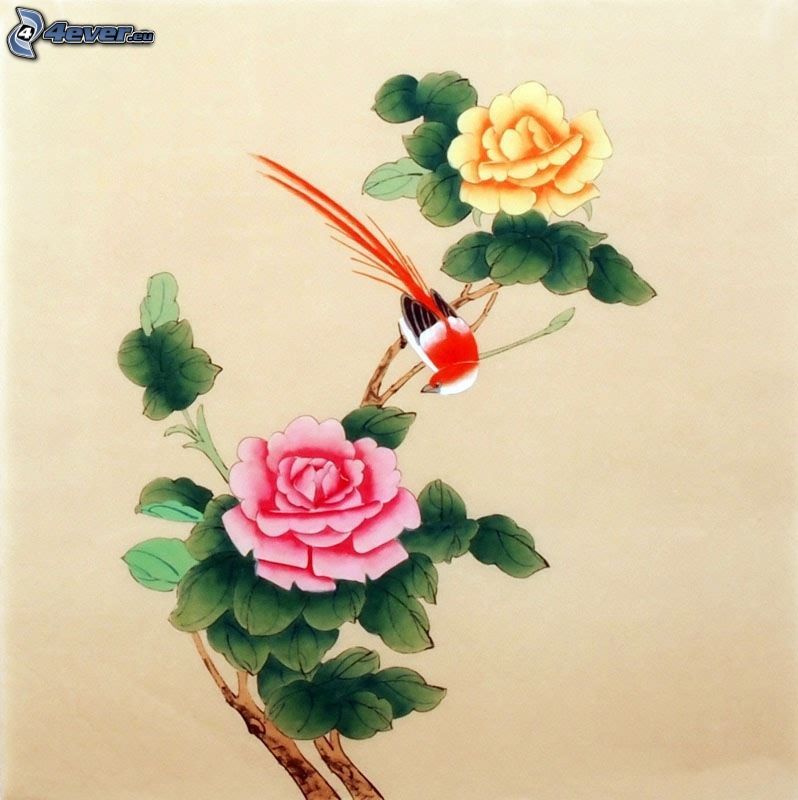 les roses chinoises, oiseau