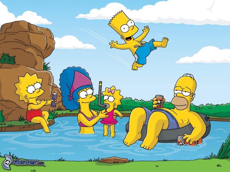 Les Simpsons, piscine, Lisa Simpson, Marge Simpson, Maggie Simpson, Bart Simpson, Homer Simpson