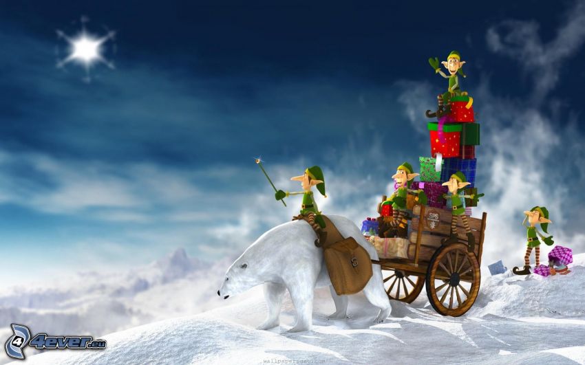 l'ours polaire, fées, cadeaux, neige