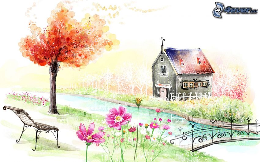 maison dessinée, ruisseau, arbre en automne, fleurs roses, pont piétonnier, banc