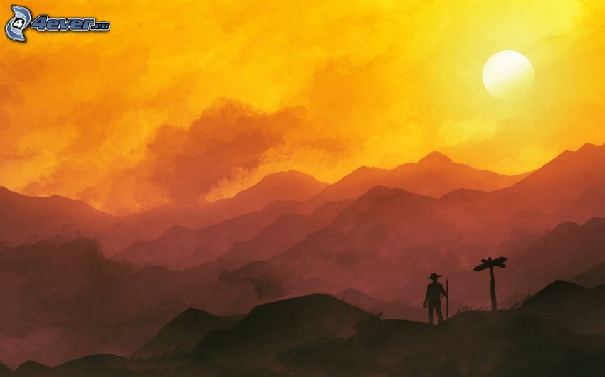 montagne, coucher du soleil, ciel orange, silhouette d'un homme