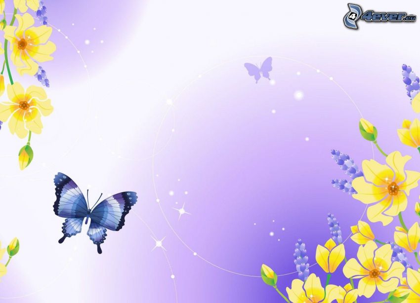 papillon bleu, fleurs jaunes