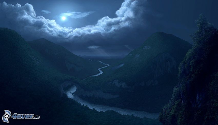 Paysage de nuit, montagnes, rivière, lune