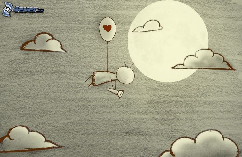 personnage de dessin animé, ballon, cœur, batterie, nuages, soleil