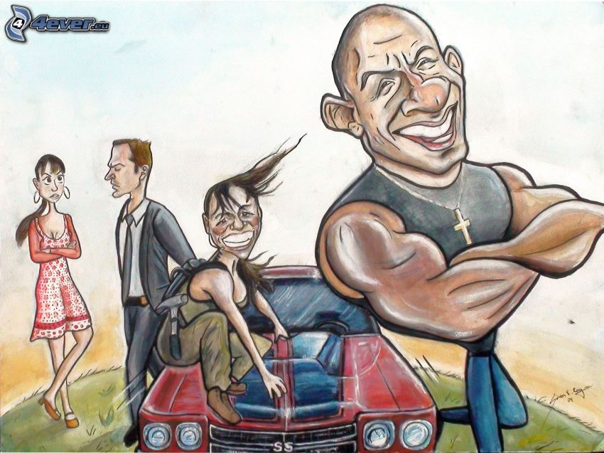 personnages de dessins animés, Vin Diesel, caricature, voiture de dessin animé