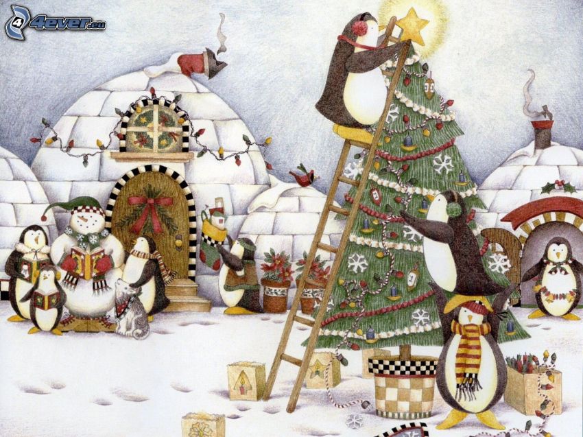 pingouins, arbre de Noël, igloo, neige