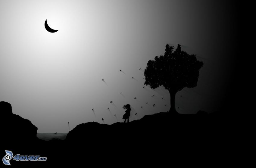 silhouettes, arbre, fille, lune
