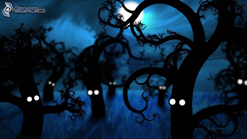 silhouettes d'arbres, nuit, yeux