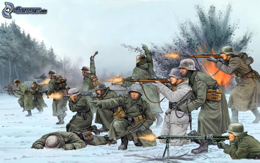 soldats, tir, explosion, neige, Seconde Guerre mondiale