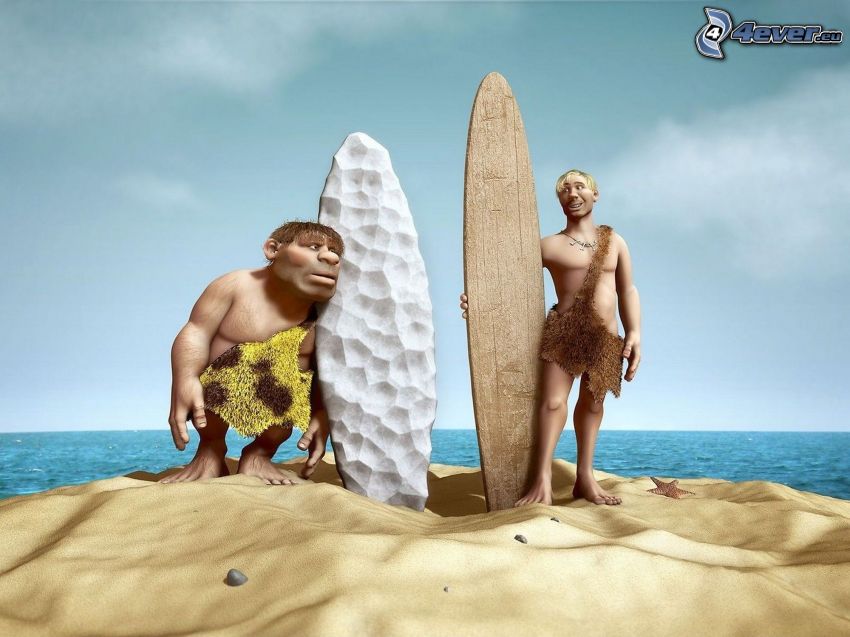 surfeurs sur la plage, personnages de dessins animés, plage de sable, mer