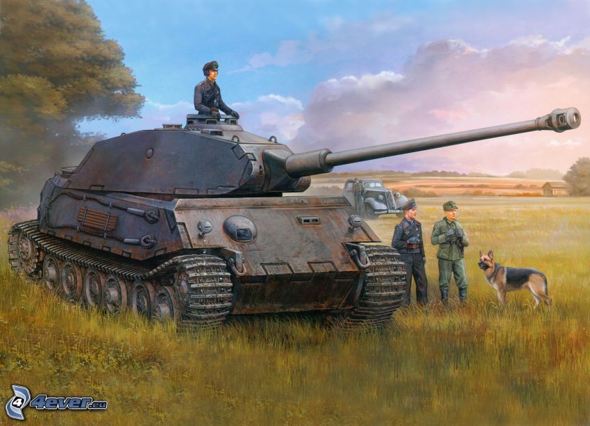 Tiger 2, char, Wehrmacht, champ, soldats, nuages