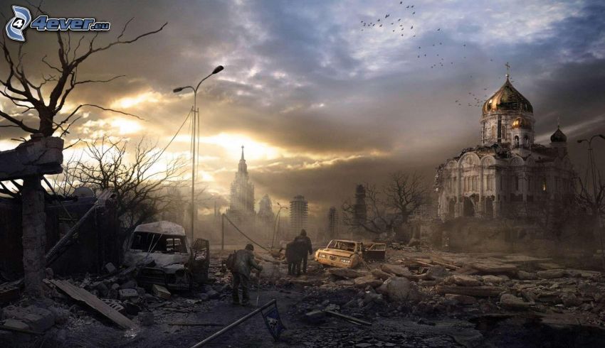 ville apocalyptique, église, guerre