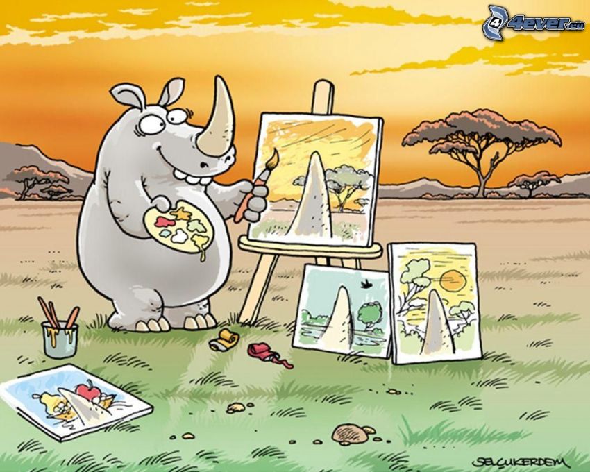 rhinocéros, images, coucher du soleil sur la savane