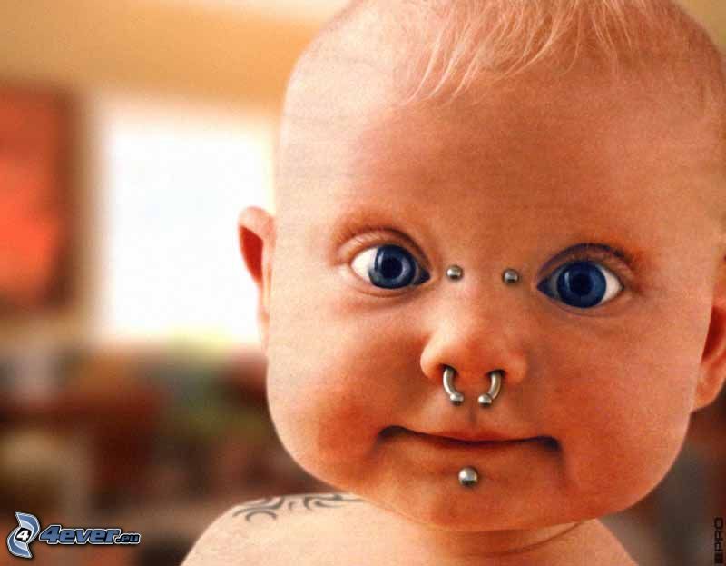 bébé, piercing, tatouage, yeux bleus