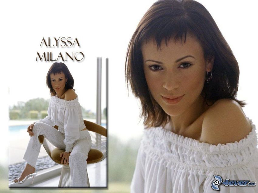 Alyssa Milano, actrice, Phoebe, sorcière, Charmed, brunette, pantalon blanc, T-shirt