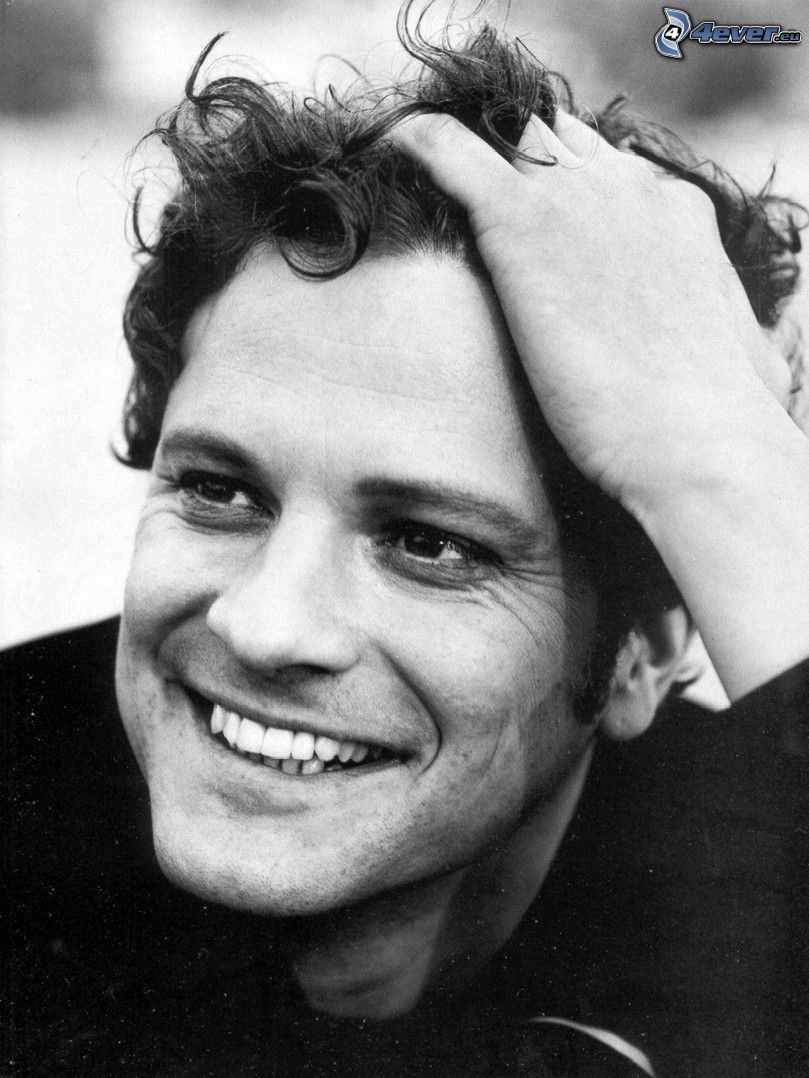 Colin Firth, sourire, photo noir et blanc