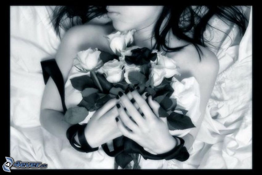bouquet de roses, femme, lit
