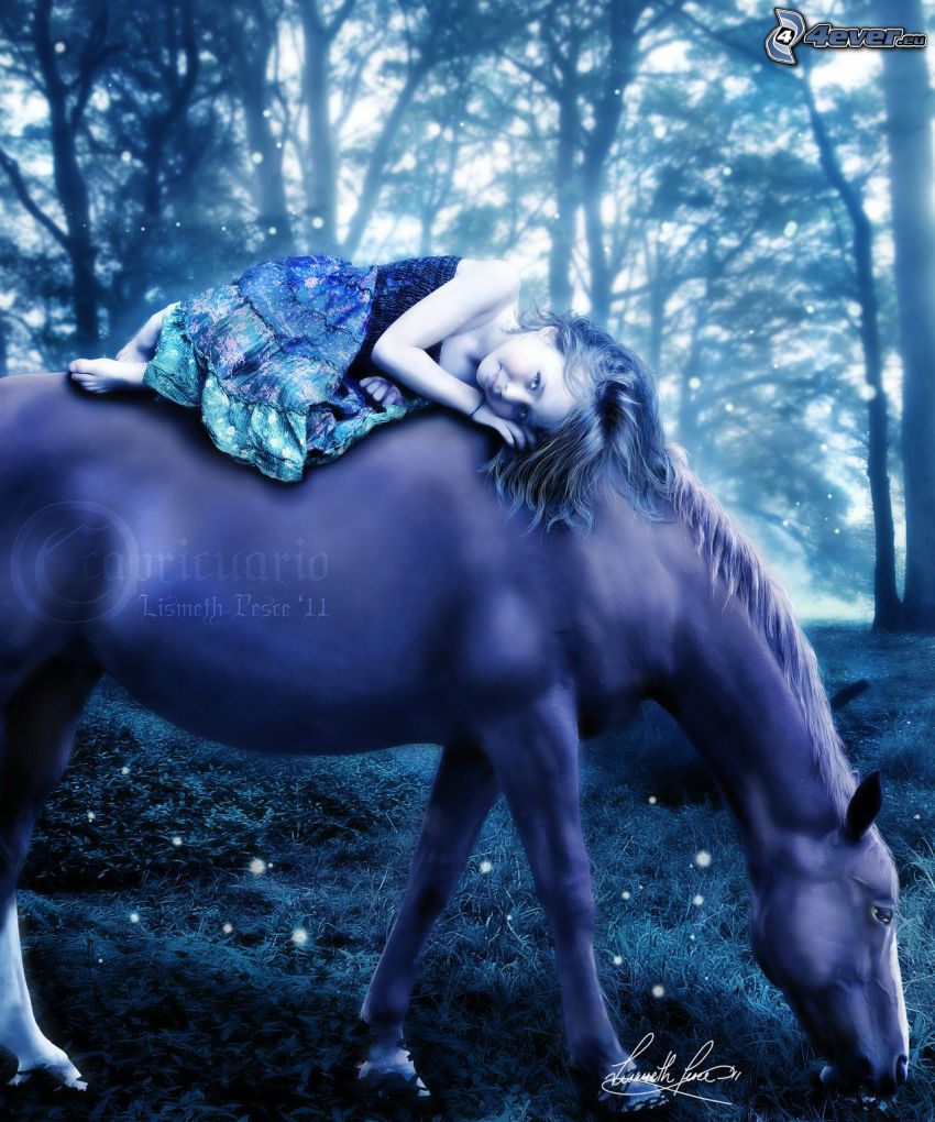 fille sur le cheval, forêt