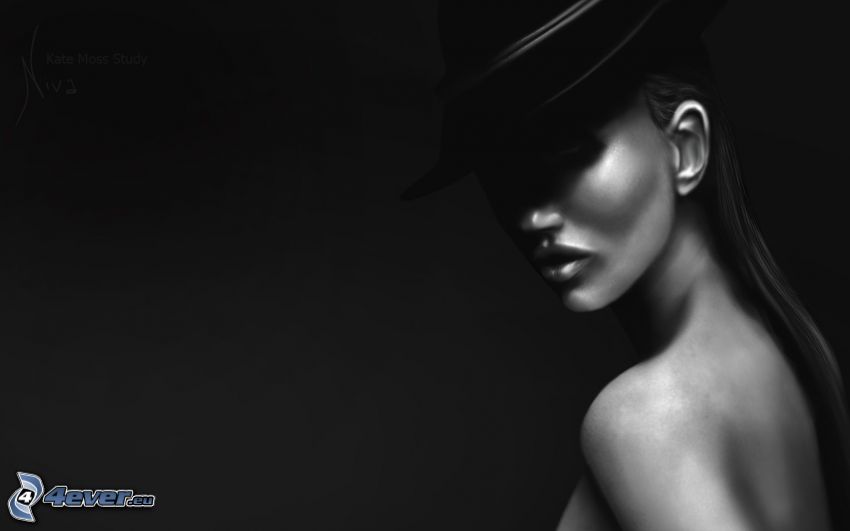Kate Moss, femme dans un chapeau, photo noir et blanc