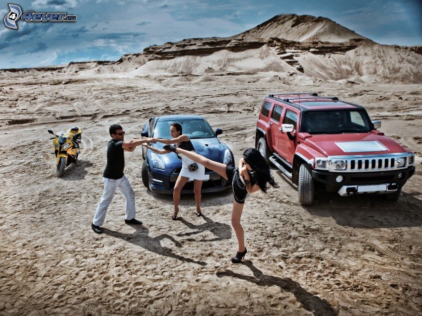 bataille, femmes, homme, moto, voiture, Jeep