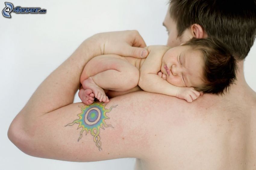 bébé, père, dormir, main, tatouage