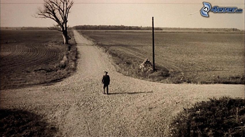 croisement des routes, champs, homme, vieille photographie, photo noir et blanc