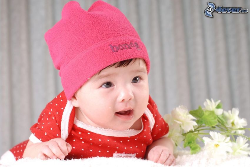 bébé, chapeau, fleurs blanches