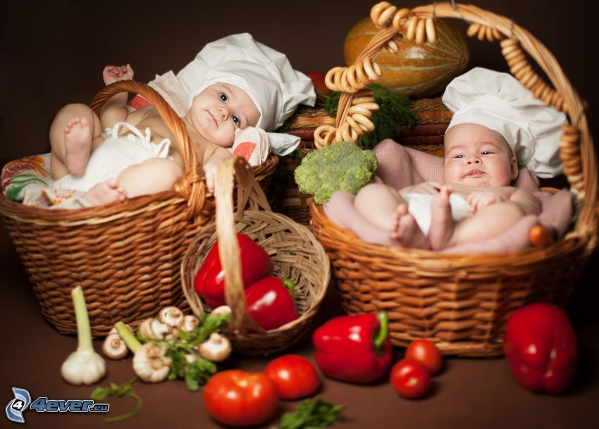 enfants, paniers, légumes, poivrons rouges