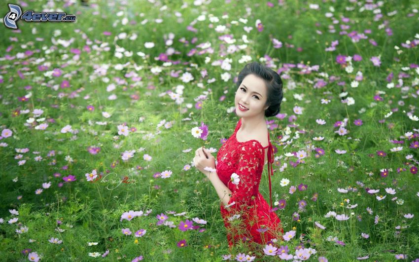 femme, robe rouge, prairie en été, fleurs