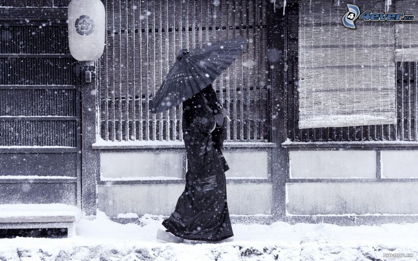 femme avec un parapluie, Japon, neige