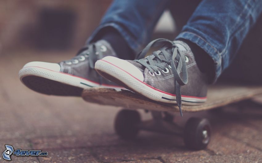jambes, skateboard, Converse