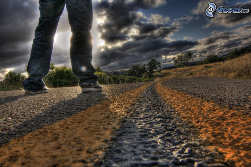route, jambes, ciel, HDR