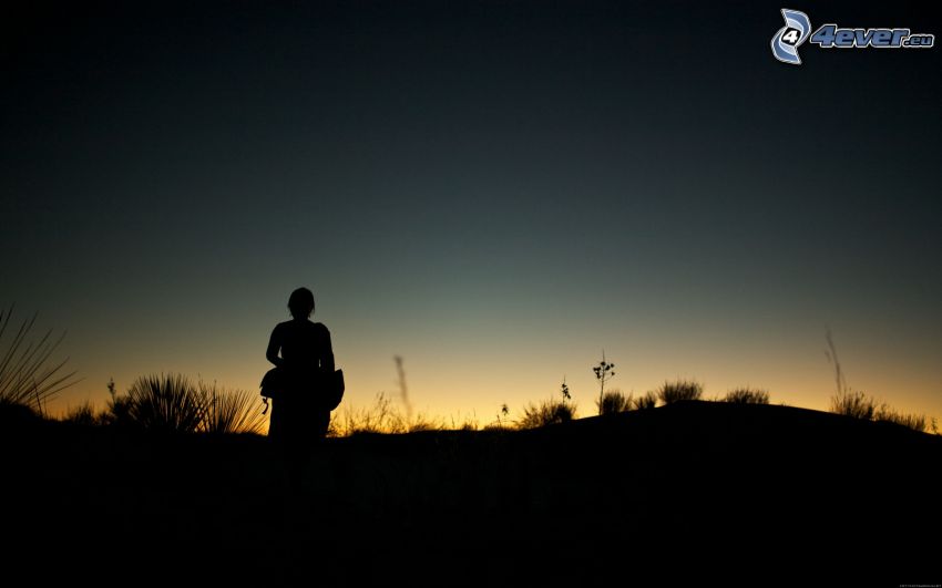 silhouette de femme, l'horizon, après le coucher du soleil
