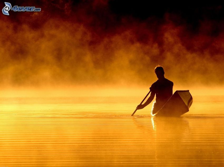 silhouette d'un homme, bateau, lac