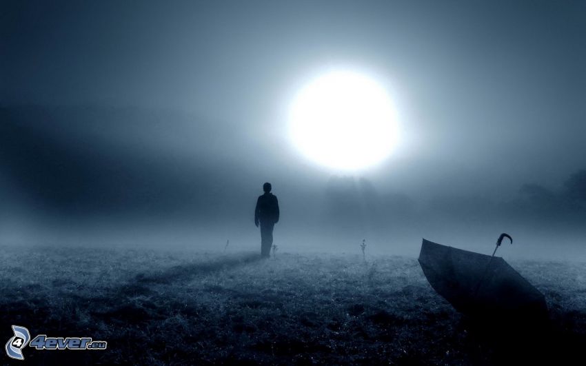 silhouette d'un homme, soleil, nuit, parapluie, brouillard
