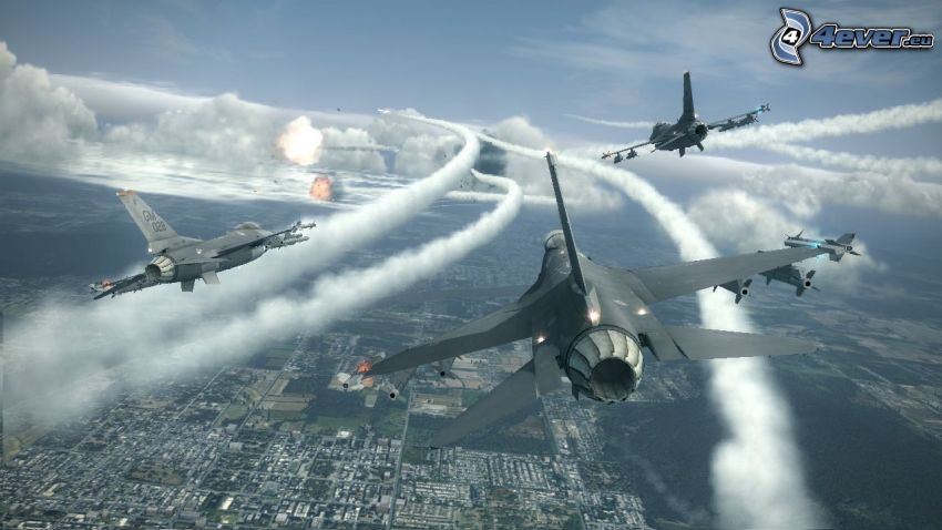 Ace Combat 6, avions de chasse, tir, vue sur la ville