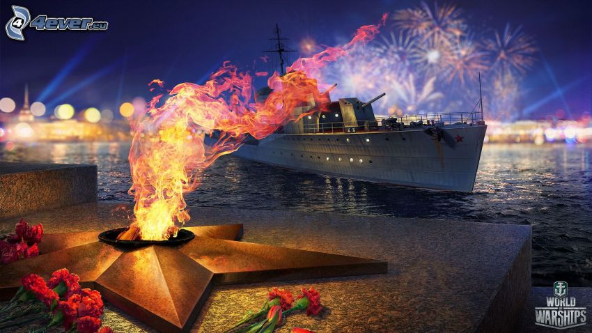 World of Warships, monument, feu, navire, feux d'artifice, fleurs rouges