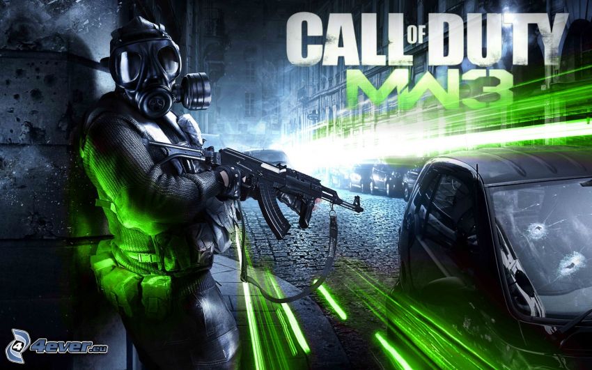 Call of Duty: Modern Warfare 3, homme en masque à gaz, ville dans la nuit